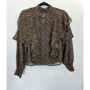 Vero Moda Blouse XS Green Pink Floral Ruffle High Neck Frill Long Sleeve Boho